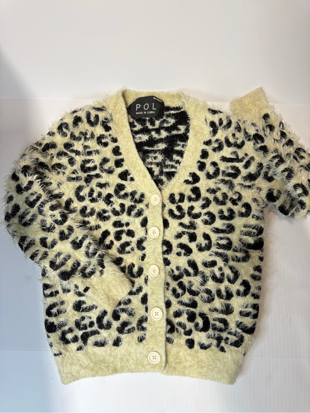 POL Fuzzy Leopard Print Cardigan in Cream and Black